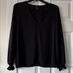 1. State V Neck Button Front Top Blouse in Black. Smocked Ruffle Cuffs.